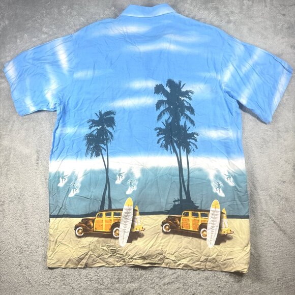 Ron Chereskin Hawaiian Rayon Shirt XL Blue Palm Trees Surf Cars Retro Beach - Picture 7 of 10